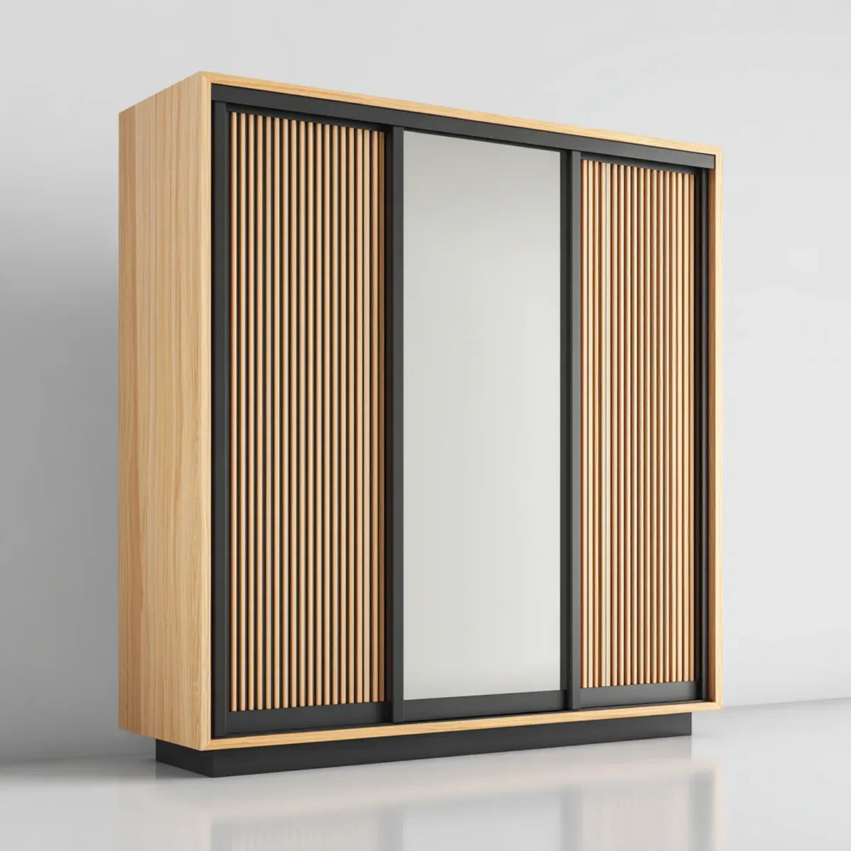 Schwebetürenschrank Eiche Natur Schwarz mit Spiegel und Lamellentüren 180 x 60 x 200 cm
