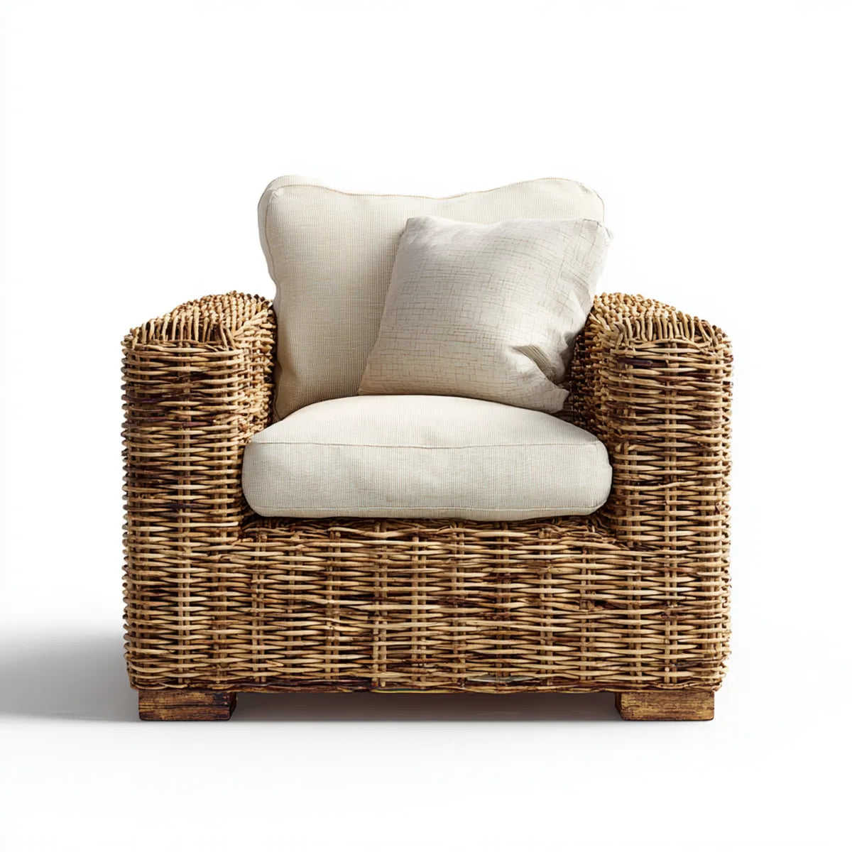 Rattansessel Naturfarben mit cremefarbenen Polyesterkissen rechteckig 90 x 85 x 90 cm