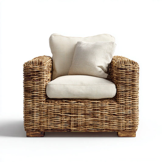 Rattansessel Naturfarben mit cremefarbenen Polyesterkissen rechteckig 90 x 85 x 90 cm