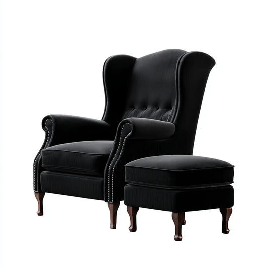 Ohrensessel mit Hocker Schwarz 82 x 86 x 110 cm Polyester Kord Rechteckig
