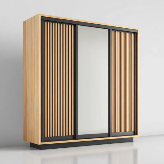 Schwebetürenschrank Eiche Natur Schwarz mit Spiegel und Lamellentüren 180 x 60 x 200 cm